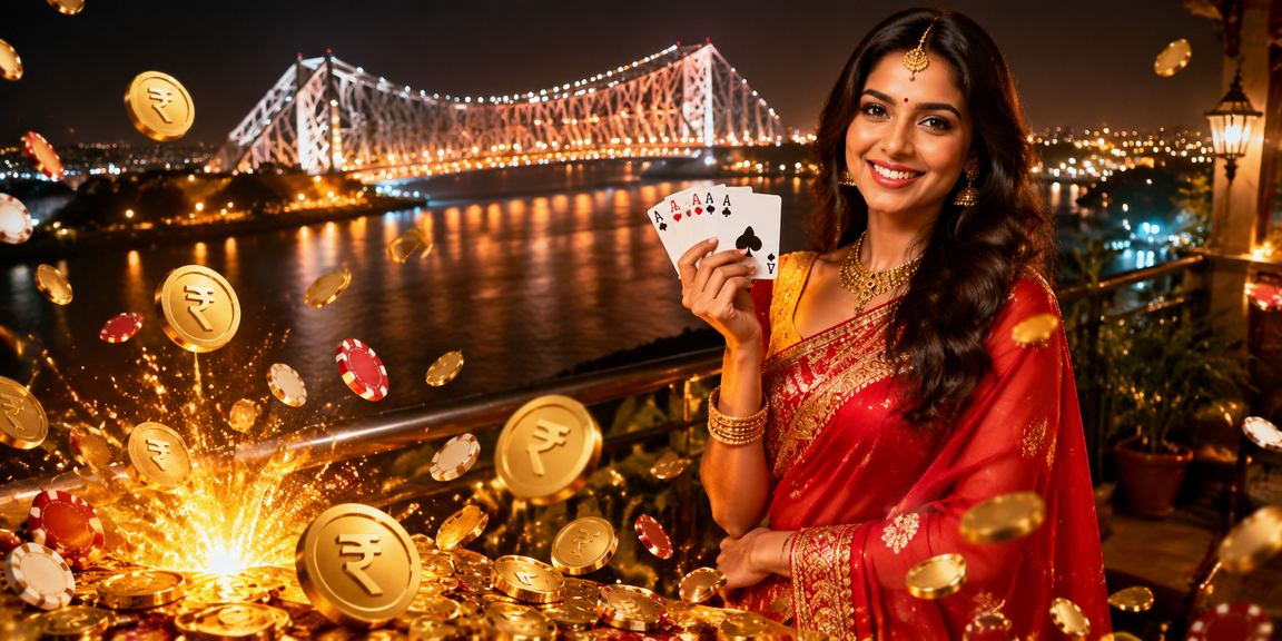 Indian players enjoying poker game with Kolkata Howrah bridge in background